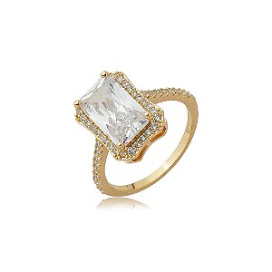 Anel Retangular com Zircônia Cristal Cravejada – Banho em Ouro 18K