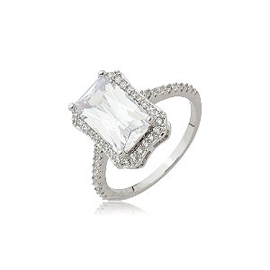 Anel Retangular com Zircônia Cristal Cravejada – Banho em Ródio Branco