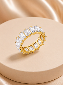 Anel Aparador Cravejado com Zircônias Retangulares – Banho em Ouro 18K