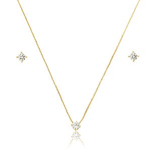 Conjunto Colar e Brinco Ponto de Luz com Zircônia Cristal – Banho em Ouro 18K