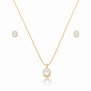 Conjunto Colar e Brinco Oval com Zircônia Cristal Cravejada – Banho em Ouro 18K