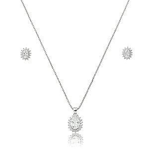 Conjunto Colar e Brinco Oval com Zircônia Cristal Cravejada – Banho em Ródio Branco
