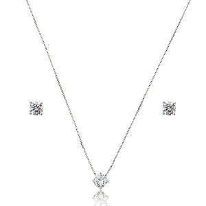 Conjunto Colar e Brinco Ponto de Luz com Zircônia Cristal – Banho em Ródio Branco