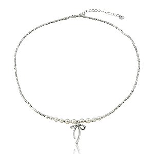 Colar com Pérolas e Pingente de Laço – Banho em Ródio Branco