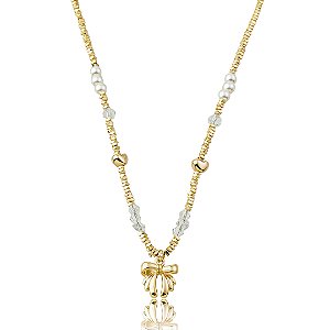 Colar com detalhe em Pérolas, Cristais e Pingente de Laço – Banho em Ouro 18K