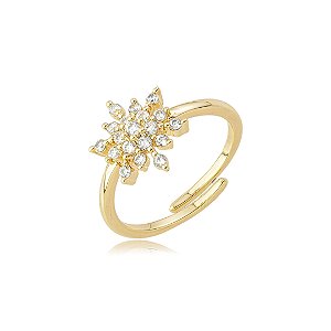 Anel Dourado Regulável com Zircônia Cristal – Banho em Ouro 18K