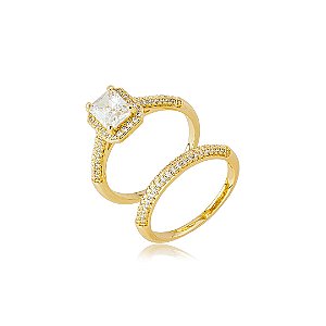 Anel Duplo com Zircônia Cristal Quadrada e Aro Cravejado – Banho em Ouro 18K