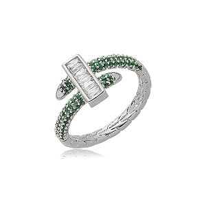 Anel Cravejado com Zircônia Esmeralda e Cristal Banho em Rodio Branco