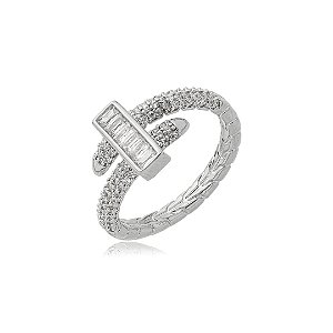 Anel Cravejado com Zircônia Cristal e Baguete Banho em Ródio Branco