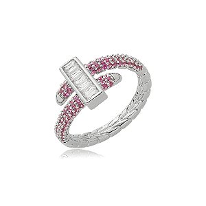 Anel Cravejado com Zircônia Rosa e Baguete Cristal – Banho em Ródio Branco
