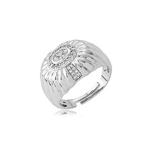 Anel com Zircônia Cristal Oval e Detalhes Cravejados – Banho em Rodio Branco