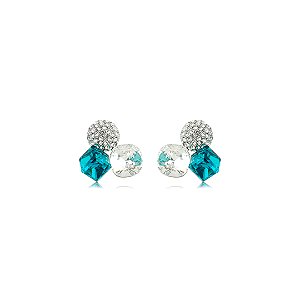 Brinco com Cristais Azul Turquesa e Cristal Banho em Ródio Branco