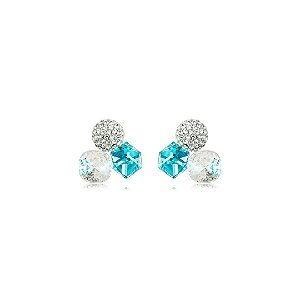 Brinco com Cristais Azul Acqua e Cristal Banho em Ródio Branco