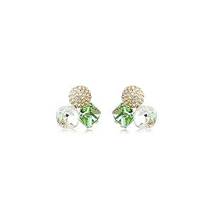 Brinco com Cristais Verde e Cristal Banho em Ouro 18K