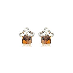 Brinco com Zirconias Champagne e Cristal Banho em Ouro 18K