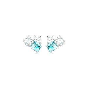 Brinco com Zircônias Cristais e Azul Turquesa Claro Banho em Ródio Branco