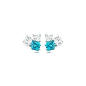 Brinco com Zircônias Cristais e Azul Turquesa Banho em Ródio Branco