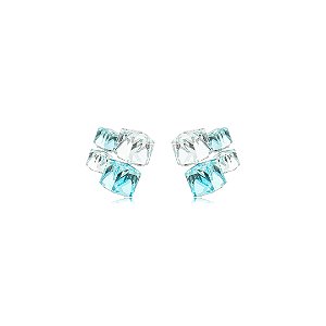 Brinco com Zircônias Cristais e Azul Turquesa Claro Banho em Ródio Branco