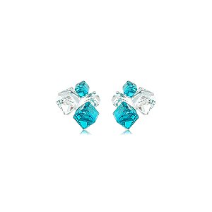 Brinco com Zircônias Cristais e Azul Turquesa Banho em Ródio Branco