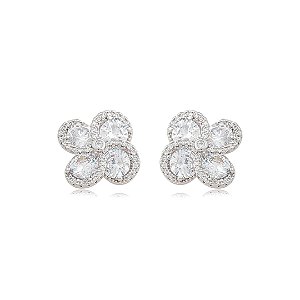 Brinco de Flor com Zircônias Cristais Banho em Ródio Branco