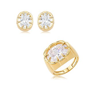 Conjunto de Brinco e Anel Dourado com Zircônia Cristal Banho em Ouro 18K