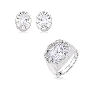 Conjunto de Brinco e Anel com Zircônia Cristal Banho em Ródio Branco