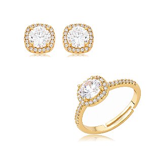 Conjunto de Brinco e Anel Cravejado com Zircônias Cristais Banho em Ouro 18K