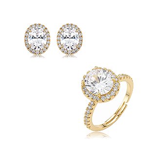 Conjunto de Brinco e Anel Cravejado com Zircônias Cristais Banho em Ouro 18K