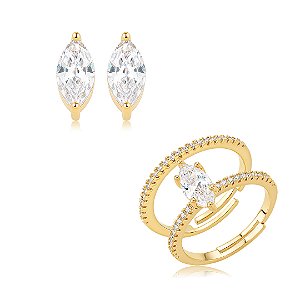 Conjunto de Brinco e Anel Navete com Zircônia Cristal Banho em Ouro 18K