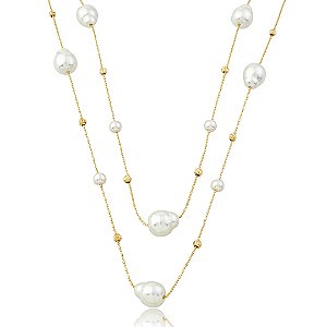 Colar longo dourado liso com pérola shell banho em ouro 18k