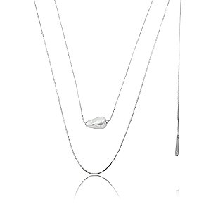 Colar longo liso com pingente de pérola shell banho em ródio branco