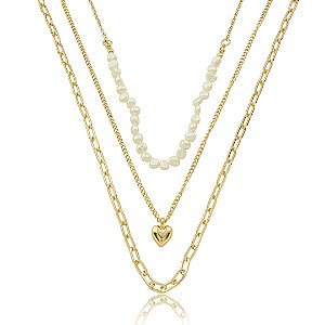 Colar de corrente liso dourado com pérola de água doce banho em ouro 18k