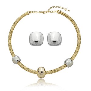 Conjunto de brinco e colar liso com banho duplo