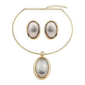 Conjunto de brinco e colar liso acetinado com banho duplo