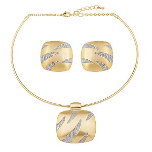 Conjunto de brinco e colar liso acetinado com banho duplo