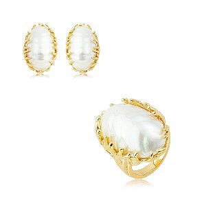Conjunto de brinco e anel dourado com pérola shell banho em ouro 18k