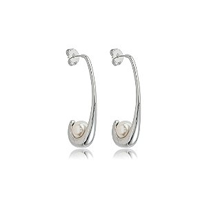 Brinco de argola liso com pérola shell banho em ródio branco