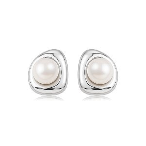 Brinco de base liso com pérola shell banho em ródio branco