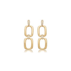 Brinco liso acetinado com detalhe cravejado banho em ouro 18k