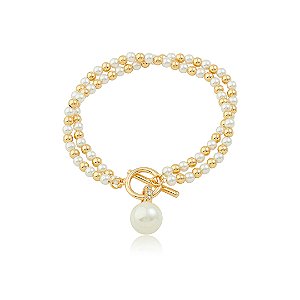 Pulseira dupla com pérola shell banho em ouro 18k