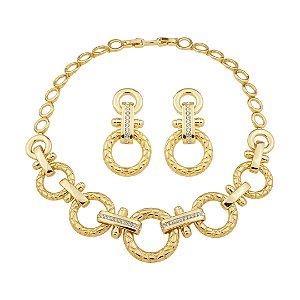 Conjunto de brinco e colar liso com detalhe cravejado banho em ouro 18k