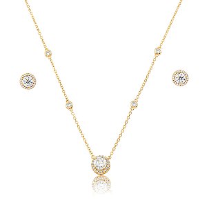 Conjunto de brinco e colar cravejado de zircônia cristal banho em ouro 18k