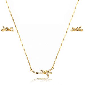 Conjunto de brinco e colar cravejado de zircônia cristal banho em ouro 18k