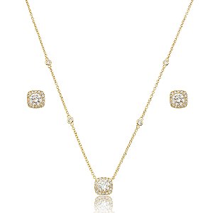 Conjunto de brinco e colar cravejado de zircônia cristal banho em ouro 18k