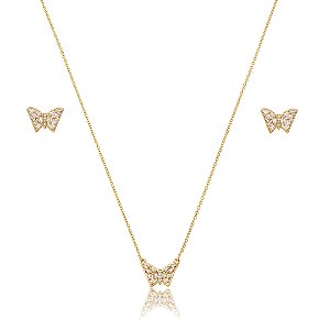 Conjunto de brinco e colar cravejado de zircônia cristal banho em ouro 18k