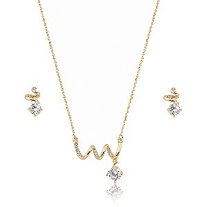Conjunto de brinco e colar cravejado de zircônia cristal banho em ouro 18k