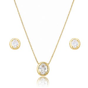 Conjunto de brinco e colar cravejado de zircônia cristal banho em ouro 18k