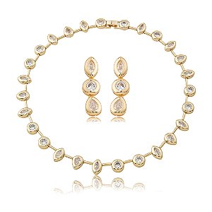 Conjunto de brinco e colar cravejado de zircônia cristal banho em ouro 18k