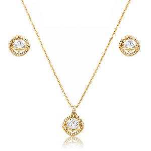 Conjunto de brinco e colar cravejado de zircônia cristal banho em ouro 18k