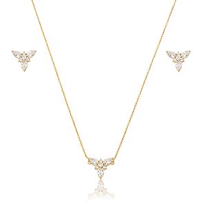 Conjunto de brinco e colar cravejado de zircônia cristal banho em ouro 18k